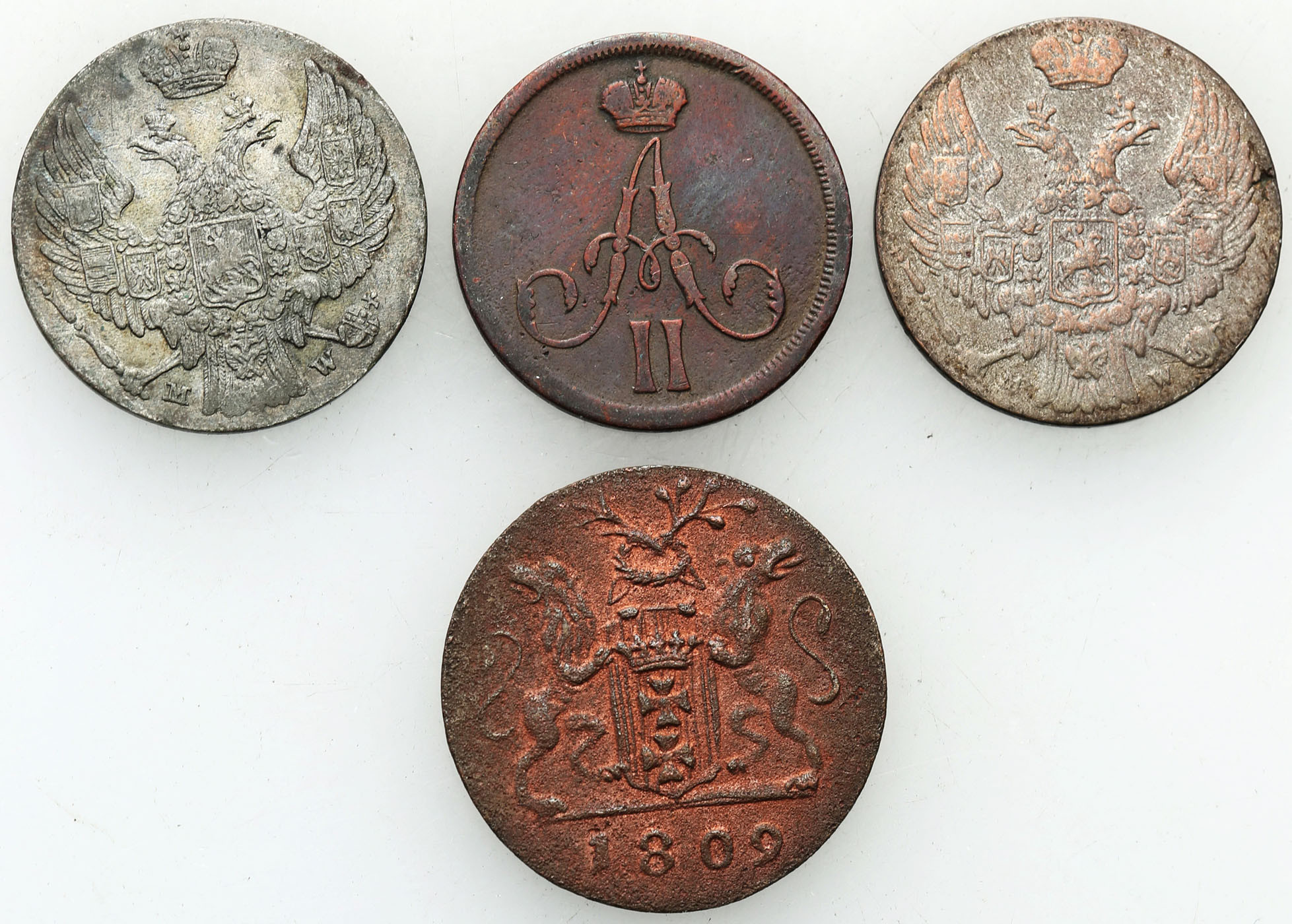 Polska XIX w./Rosja. Dienieżka 1863 BM, 2 x 10 groszy 1840 MW + grosz 1809, Gdańsk, zestaw 4 monet